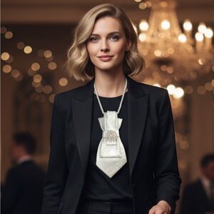 “Dainty Dapper”Elegant cream Tie Necklace with Pearl Accent